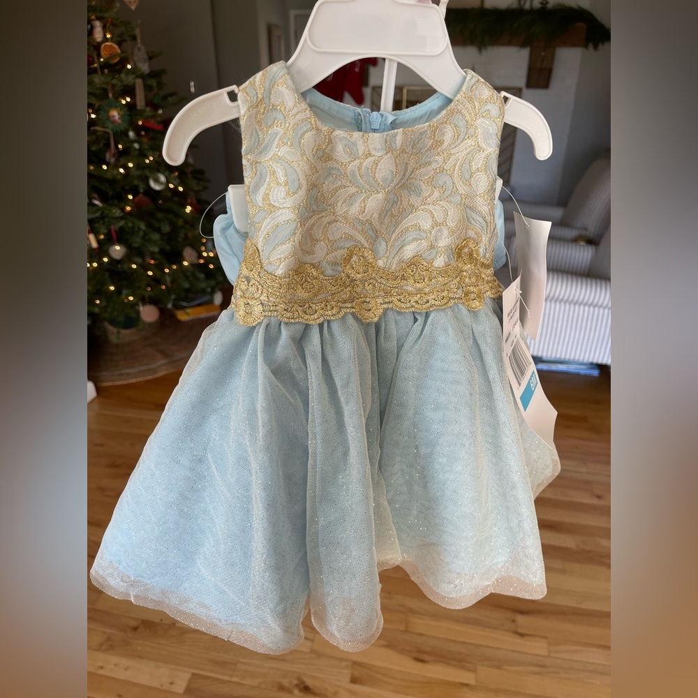 Elegant Gold and Blue Baby Girl formal Dress